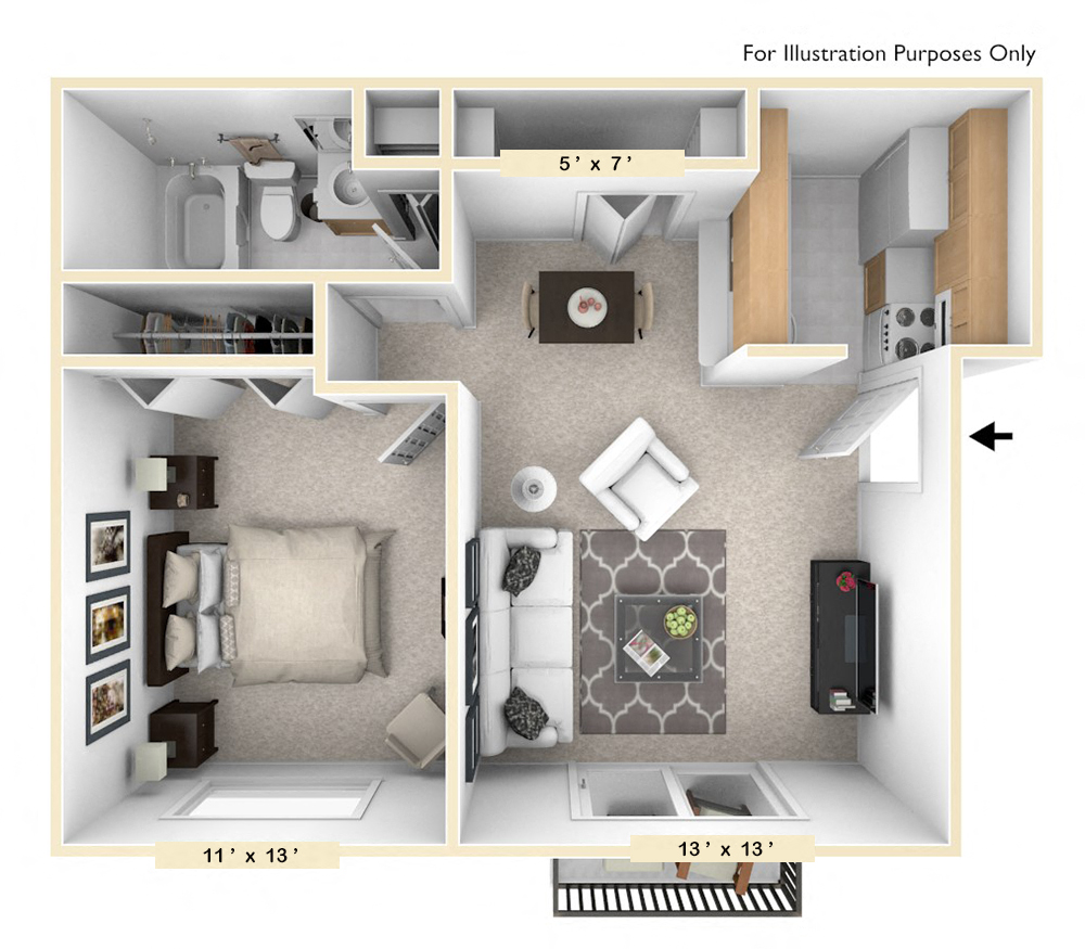 Floor plan for 1 bed, 1 bath, 546 sqft